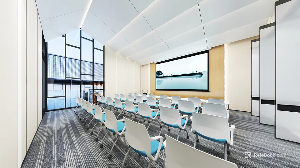 Modern Conference Room Interior Design With White Chairs Blue Backs Large Screen And Bright Windows 3d model 