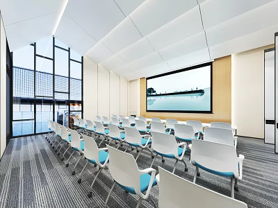 Modern Conference Room Interior Design With White Chairs Blue Backs Large Screen And Bright Windows 3d model