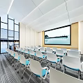 Modern Conference Room Interior Design With White Chairs Blue Backs Large Screen And Bright Windows