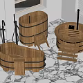 Wooden Storage Shelves In Various Shapes Placed On Marble Floor With Window View
