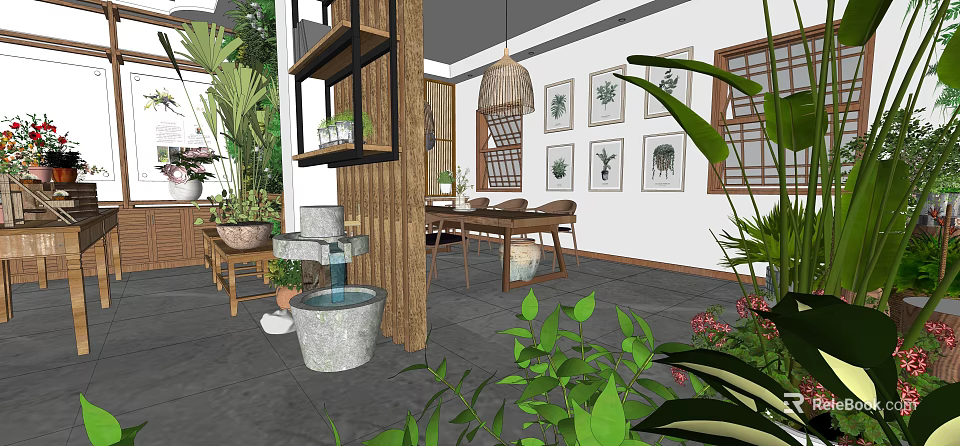 Natural Style Plant Boutique with Wooden Partition Stone Water Fountain and Green Plants 3d model 