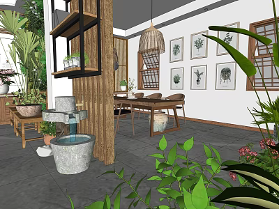 Natural Style Plant Boutique with Wooden Partition Stone Water Fountain and Green Plants 3d model
