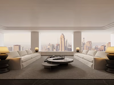 Modern Living Room Interior With White Sofas Large Windows City Skyline View And Coffee Table 3d model