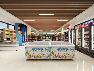 Modern Supermarket Interior With Freezer Display Cases Shelves And Beverage Products Under Bright Lighting 3d model