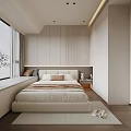 Modern Bedroom with Light-colored Vertical Striped Walls and Sleek Large Bed Design