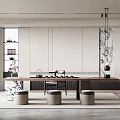 Modern Minimalist Tea Room With Long Table And Stools