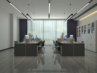Modern Public Office Space Interior With Workstations Ergonomic Chairs And Large Windows 3d model