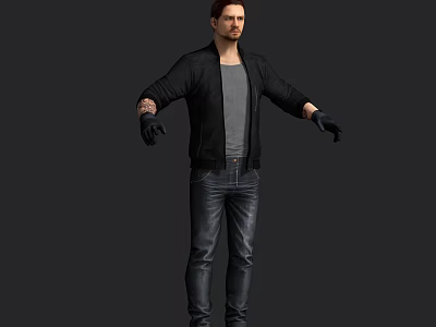 Game Movie Character Male In Black Jacket Gray T-shirt Dark Jeans Black Gloves Arms Outstretched 3d model