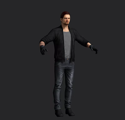 Game Movie Character Male In Black Jacket Gray T-shirt Dark Jeans Black Gloves Arms Outstretched 3d model