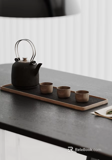 Minimalist Black Ceramic Teapot With Three Teacups On Wooden Tray Dark Tabletop 3d model 