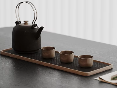 Minimalist Black Ceramic Teapot With Three Teacups On Wooden Tray Dark Tabletop 3d model