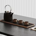Minimalist Black Ceramic Teapot With Three Teacups On Wooden Tray Dark Tabletop