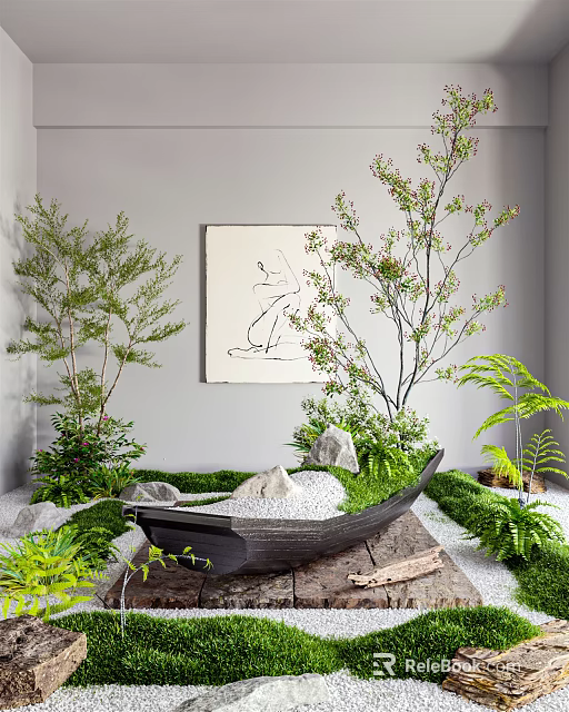 Serene Indoor Landscape With Gray Wall Minimalist Art Tree-like Plants Ferns Moss And White Stones 3d model 