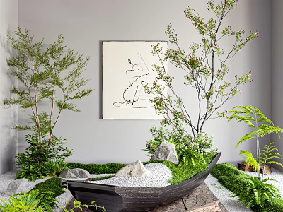 Serene Indoor Landscape With Gray Wall Minimalist Art Tree-like Plants Ferns Moss And White Stones 3d model