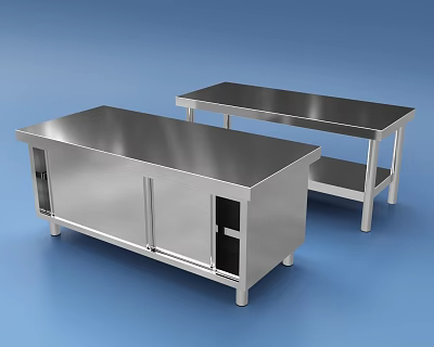 Stainless Steel Kitchen Cabinets With Worktables And Storage Shelves Design 3d model