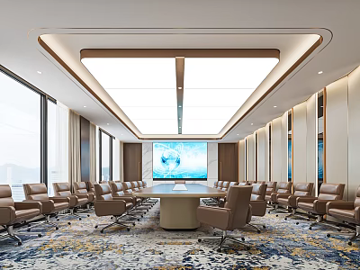 Modern Conference Room Design With Large Windows Long Table Numerous Leather Chairs And Big Screen 3d model