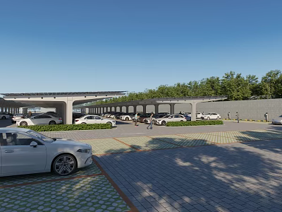 Modern Road Parking Facility with Covered Canopy Parked Cars and Landscaped Trees 3d model