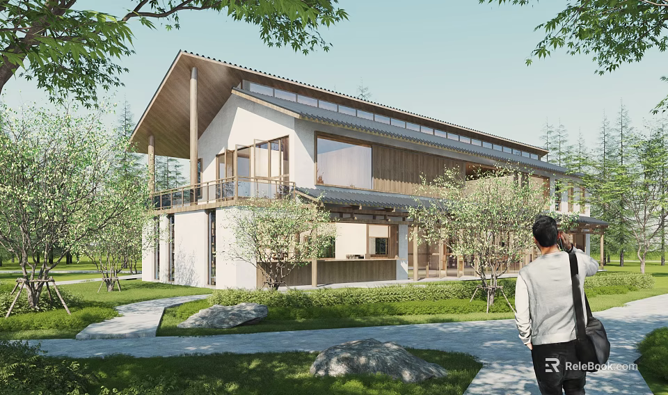 Modern Detached Villa Exterior With Wooden Roof Large Windows And Lush Greenery Courtyard 3d model 