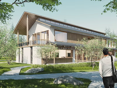 Modern Detached Villa Exterior With Wooden Roof Large Windows And Lush Greenery Courtyard 3d model