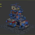 Cartoon Style Multi Story Building Scene With Red Tiled Roofs Balconies And Stone Paved Ground