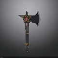 Ornate Battle Axe Weapon With Red Gemstone Wooden Handle And Metal Blade
