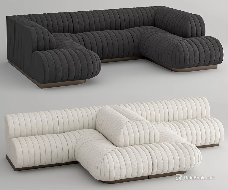 Modern Black and White Sectional Sofa with Ribbed Design and Wooden Base in Modern Style 3d model 