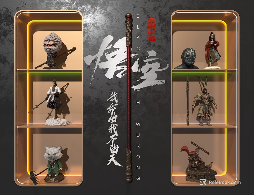 Chinese Mythology Collectible Figurine Display Cabinet With Layered Shelves And LED Lighting 3d model 