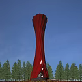 Red Twisted Tall Tower Design Surrounded by Trees Under Blue Sky