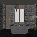 Modern Public Restroom Design With Gray Brick Walls Circular Sink Counter And Hanging Lights