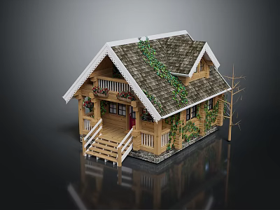 Rustic Wooden House With Ivy Covered Roof And Wooden Stairs Porch 3d model