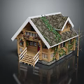 Rustic Wooden House With Ivy Covered Roof And Wooden Stairs Porch