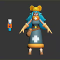 3D Cartoon Game Character With Blue Hair Yellow Cat Ear Hat Blue Dress White Cross