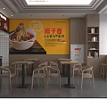 Vibrant Restaurant Interior Featuring Red Walls Food Posters Wooden Tables And Order Counter