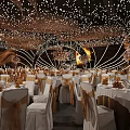 Banquet Hall With Starry Ceiling Lights Grand Chandelier Elegant Dining Tables And Decorated Chairs
