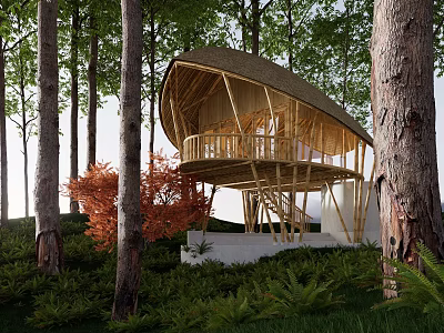 Detached Villa With Bamboo Structure Thatched Roof And Wooden Balcony In Forest Surrounded By Trees 3d model