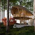 Detached Villa With Bamboo Structure Thatched Roof And Wooden Balcony In Forest Surrounded By Trees
