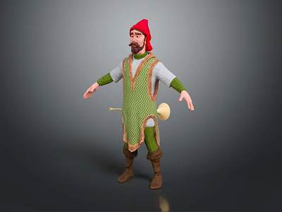 Medieval Male Character With Red Hat Beard Green Checkered Robe And Drum 3d model