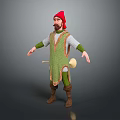 Medieval Male Character With Red Hat Beard Green Checkered Robe And Drum