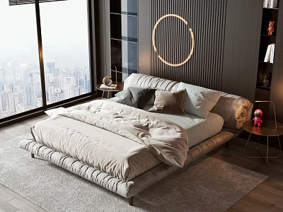 Modern Double Bed Bedroom Interior With City View And Circular Wall Light And Gray Bedding 3d model
