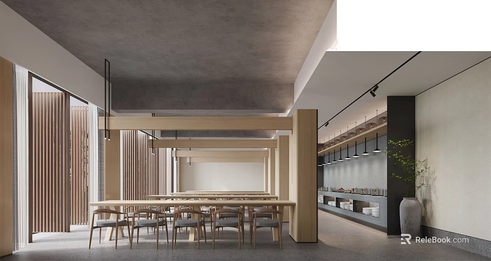 Modern Restaurant Interior Featuring Wooden Partitions Long Dining Table Display Shelves And Green Plant 3d model 