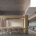 Modern Restaurant Interior Featuring Wooden Partitions Long Dining Table Display Shelves And Green Plant