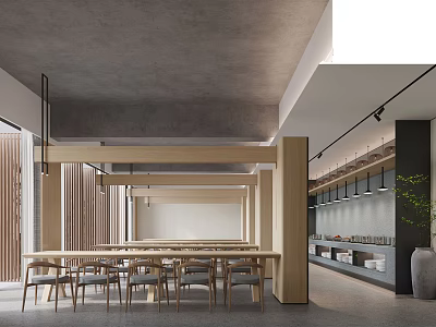 Modern Restaurant Interior Featuring Wooden Partitions Long Dining Table Display Shelves And Green Plant 3d model