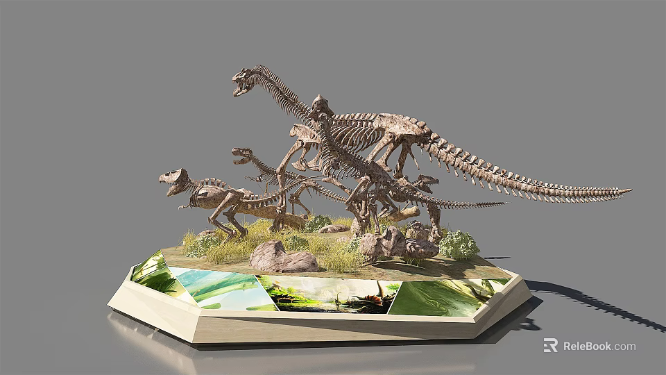 Reptile Dinosaur Skeleton Display Model with Various Sizes Rocks and Green Plants 3d model 