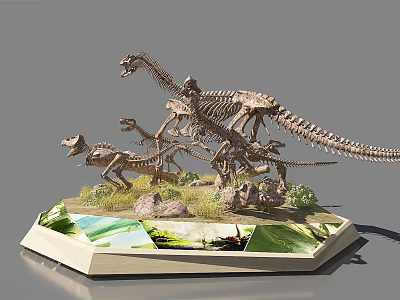 Reptile Dinosaur Skeleton Display Model with Various Sizes Rocks and Green Plants 3d model