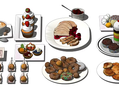Assorted Delicious Food Platter With Freshly Prepared Cupcakes Roasted Meat Donuts Pastries And Refreshing Drinks 3d model