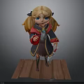 3D Girl Character Model With Blonde Hair Red Blue Outfit Holding Sword On Wooden Platform