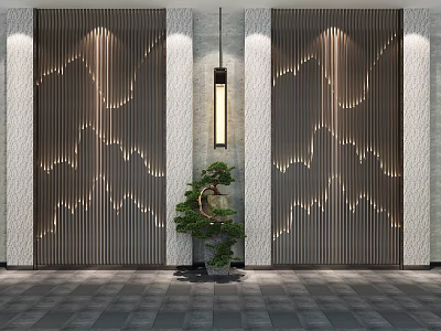 Modern Bedroom Accent Wall With Wooden Slats Mountain Lighting Black Pendant Light And Green Plant 3d model
