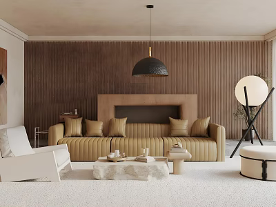 Warm Modern Living Room With Beige Sofa Wooden Fireplace And Floor Lamp 3d model