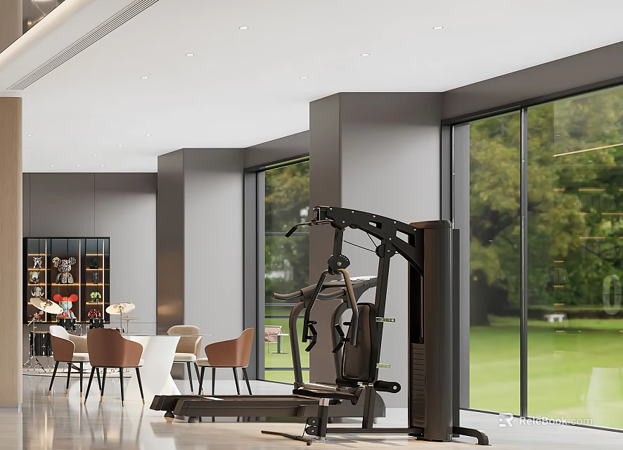 Modern Home Gym With Multi Functional Fitness Equipment And Large Window Green Lawn View 3d model 
