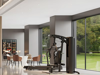 Modern Home Gym With Multi Functional Fitness Equipment And Large Window Green Lawn View 3d model